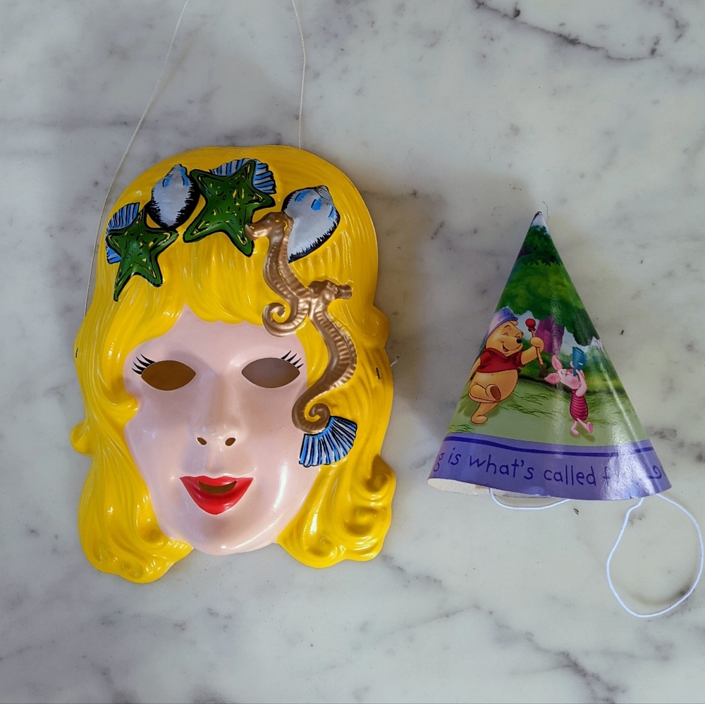 Vintage 1992 Halloween Little Mermaid Mask & Winnie the Pooh Cone Hat.